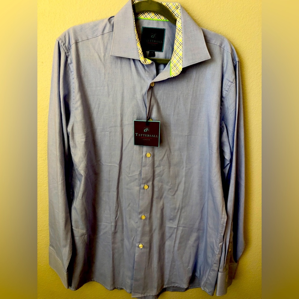 Mens Tattersall blue button down shirt.